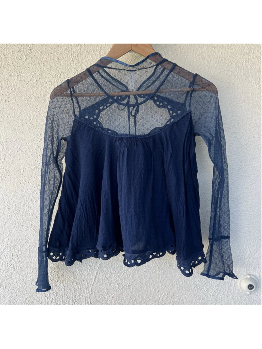 VTG Free People The Originals Cropped Mixed Lace Keyhole Top XS Sheer Dot Whimsy